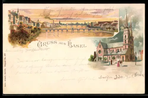 Lithographie Basel, Kirche und Flusspartie mit Brücken