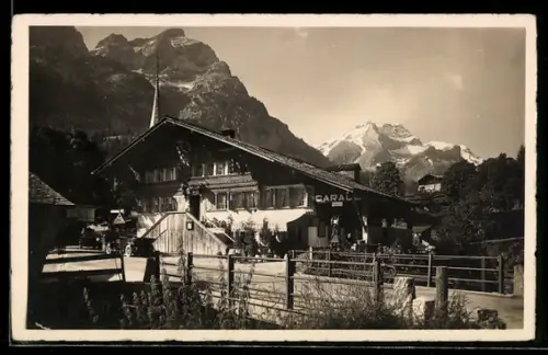 AK Gsteig, Hotel Bären mit Brücke u. Bergspitzen