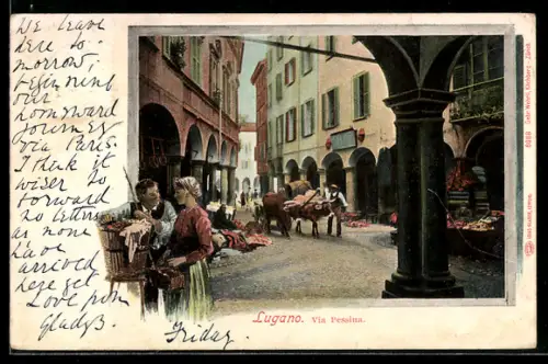 AK Lugano, Via Pessina mit Ochsengespann