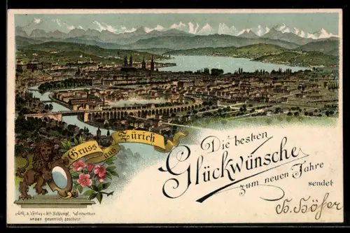 Lithographie Zürich, Totalansicht aus der Vogelschau