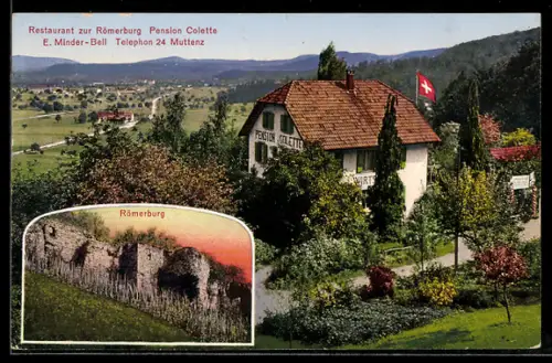 AK Muttenz, Restaurant zur Römerburg-Pension Colette E. Minder-Bell mit Garten u. Ort, Römerburg
