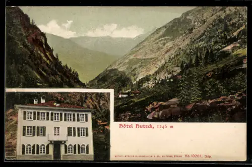 AK Saas-Fee, Hutel Huteck, Ortsansicht mit Tal und Bergen
