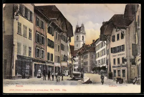 AK Aarau, Zollrain, Platz mit Brunnen, Geschäften, Turm