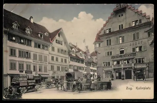 AK Zug, Kolinplatz mit Hotel Ochsen, Säulendenkmal, Wagen
