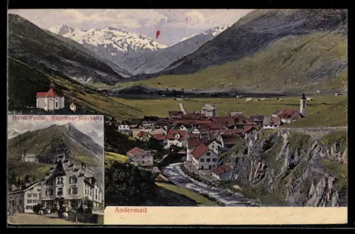 AK Andermatt, Ortsansicht und Hotel Fedier, Münchner Bierhalle
