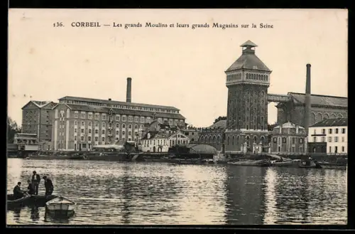 AK Corbeil, Les grands Moulins et leurs grands Magasins sur la Seine
