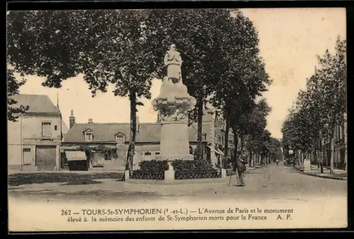 AK Tours-St-Symphorien /I.-et.-L., L`Avenue de Paris et le monument élevé à la mémoire desenfants de St-Symphorien