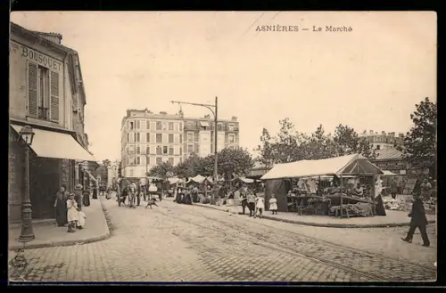 AK Asnières, Le Marché, Strassenpartie mit Markt