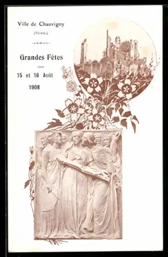 AK Chauvigny /Vienne, Grandes Fêtes 1908, Ruine, Relief, Passepartout