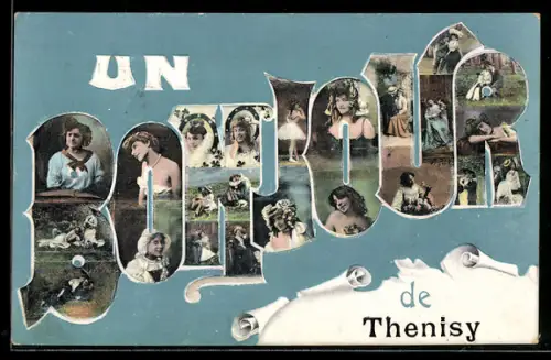 Grusskarten-AK Thenisy, Schriftzug Bonjour mit Frauenportraits