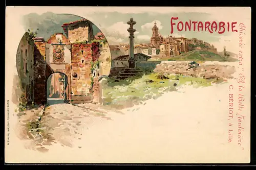 Lithographie Fontarabie, Panorama mit Kirche