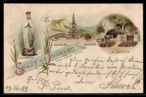 Lithographie Lourdes, Eglise du Rosaire, La Grotte