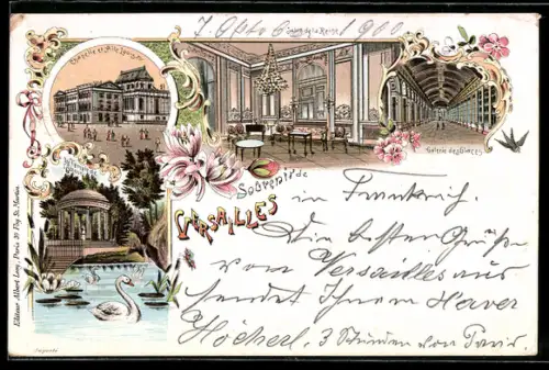 Lithographie Versailles, Salon de la Reine, Galerie des Glaces, Chapelle et Aile Louis XV.