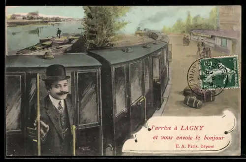Grusskarten-AK Lagny, Homme dans un train