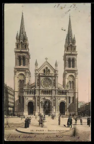 AK Paris, Église Saint-Ambroise avec place animée