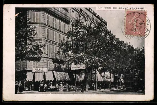 AK Paris, Un coin du Boulevard Voltaire avec tramway et boutiques animées