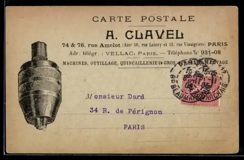 AK Paris, Carte postale de A. Clavel, demande de catalogue et devis pour machines de cintrage