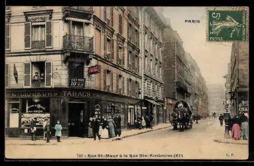 AK Paris, Rue St-Maur à la Rue Ste-Ambroise avec passants et calèche