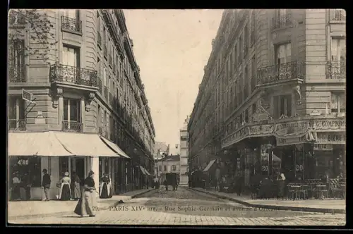 AK Paris, Rue Sophie-Germain et avenue d`Orléans, scène de rue animée avec commerces et passants