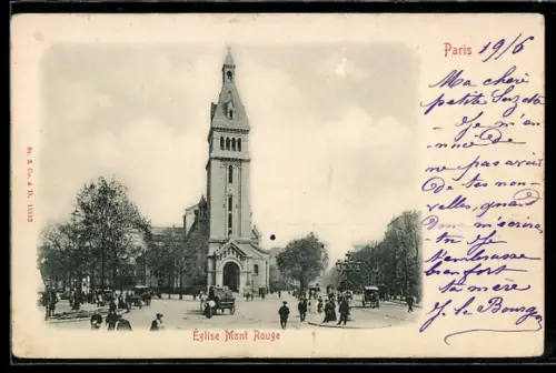 AK Paris, Église Mont Rouge et scène animée de rue