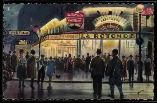 AK Paris, Montparnasse, La Rotonde, Scène nocturne animée devant le café célèbre