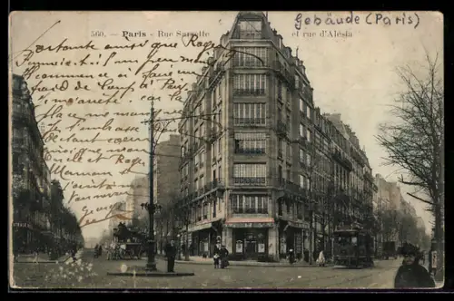 AK Paris, Rue Scribe et rue d`Alésia avec tramway et bâtiments élégants