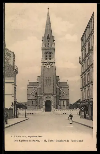 AK Paris, Saint-Lambert de Vaugirard, facade de l`église avec rue et passants