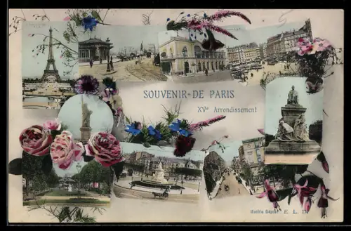 AK Paris, Souvenir du XVe Arrondissement avec monuments emblématiques et fleurs décoratives