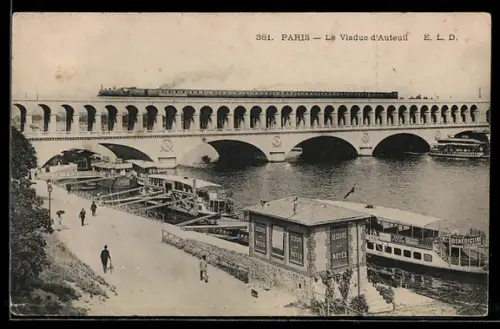 AK Paris, Le Viaduc d`Auteuil avec train et péniches sur la Seine
