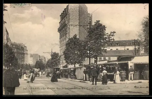 AK Paris, Le Marché, Rue de la Convention, avec passants et tramway