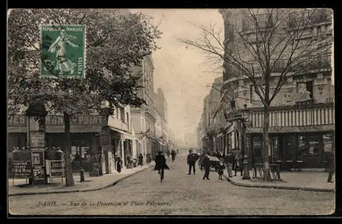 AK Paris, Rue de la Procession et Place Falguère, vue animée de la rue et des passants