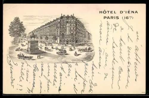 AK Paris, Hôtel d`Iéna et la place animée avec voitures et passants
