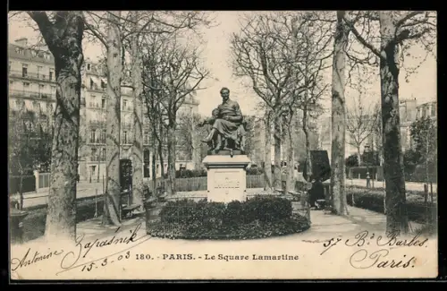 AK Paris, Le Square Lamartine avec statue en hiver