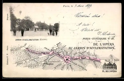 AK Paris, Itinéraire de l`Opéra au Jardin d`Acclimatation