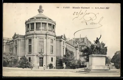 AK Paris, Musée Guimet et statue équestre devant l`entrée principale