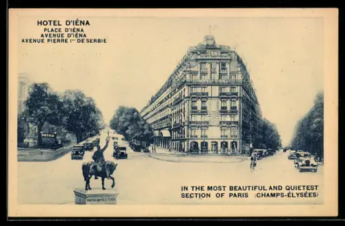 AK Paris, Hôtel d`Iéna et statue de Washington près des Champs-Élysées