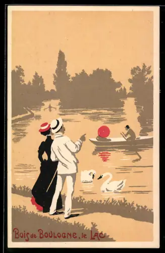 Künstler-AK Paris, Bois de Boulogne, Le Lac, Promenade romantique près des cygnes et bateaux