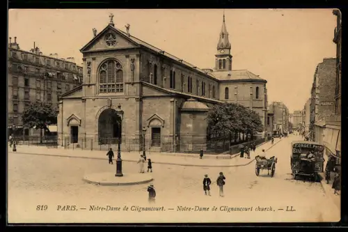 AK Paris, Notre-Dame de Clignancourt et rue animée avec omnibus