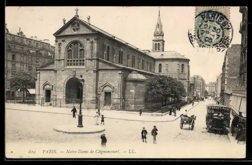 AK Paris, Notre-Dame de Clignancourt et scène de rue animée