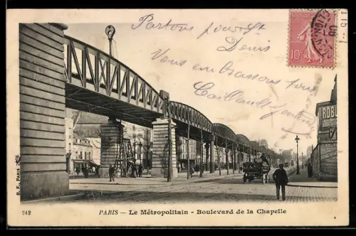 AK Paris, Le Métropolitain, Boulevard de la Chapelle avec une vue sur le viaduc et les passants