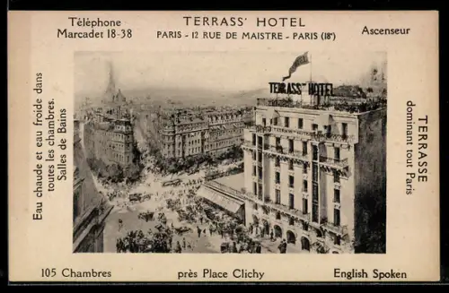AK Paris, Terrass` Hôtel près Place Clichy, vue de la terrasse dominant tout Paris