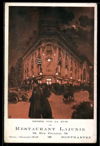 AK Paris-Montmartre, Entrée vue la nuit du Restaurant Lajunie, rue Pigalle animée