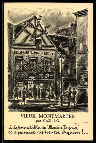AK Paris-Montmartre, Restaurant Le Moulin Joyeux et ambiance animée de rue