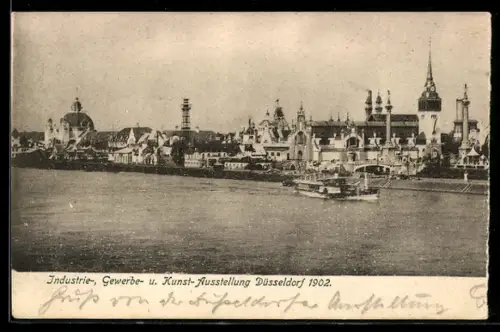 AK Düsseldorf, Industrie-, Gewerbe u. Kunst-Ausstellung 1902, Ausstellungsgelände vom Wasser aus