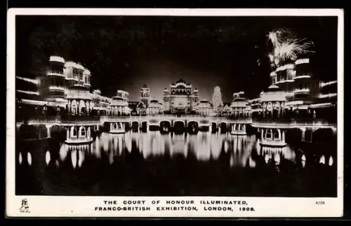 AK London, Franco-British Exhibition 1908, The Court of Honour illuminated