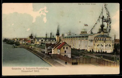 AK Düsseldorf, Gewerbe- u. Industrie-Ausstellung 1902, Bau der Firma Krupp mit Fahnenmast