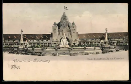 AK Düsseldorf, Ausstellung, Haupt-Industriehalle mit Fontaine