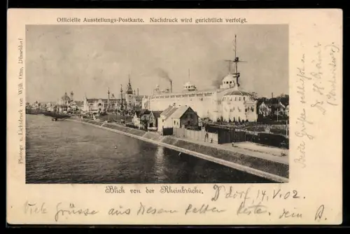 AK Düsseldorf, Industrie-, Gewerbe- u. Kunst-Ausstellung 1902, Blick von der Rheinbrücke auf das Ausstellungsgelände