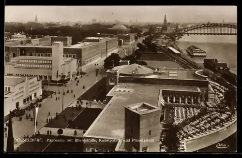 AK Düsseldorf, Panorama mit Rheinstrasse, Kunstpalast und Planetarium, Ausstellung