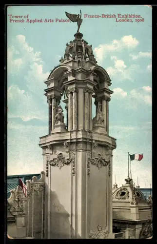 AK London, Franco-British-Exhibition 1908, Tower of French Applied Arts Palace
